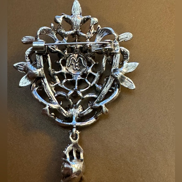 Red Flower Brooch, Lapel Pin or Pendant with Blue Rhinestones for Jacket, Blazer - Picture 8 of 8